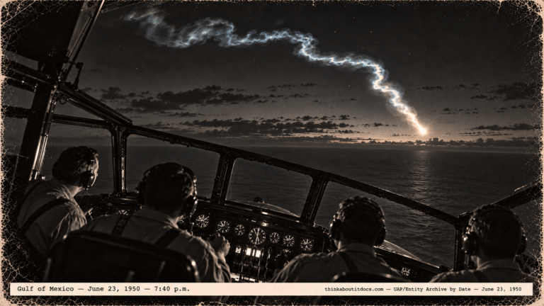 1950-style photo of a weather-recon aircraft crew watching a spiral fireball with a bluish trail over the Gulf of Mexico