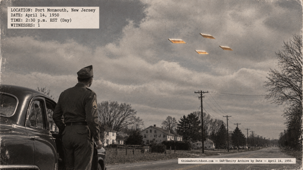 Illustration of an Army sergeant beside his car watching four flat amber rectangular objects fly in formation near Port Monmouth, New Jersey on April 14, 1950