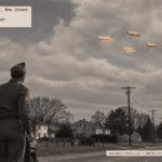 Illustration of an Army sergeant beside his car watching four flat amber rectangular objects fly in formation near Port Monmouth, New Jersey on April 14, 1950