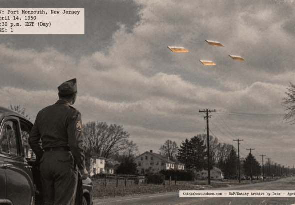 Illustration of an Army sergeant beside his car watching four flat amber rectangular objects fly in formation near Port Monmouth, New Jersey on April 14, 1950