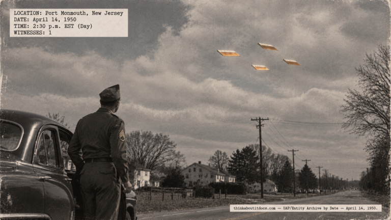 Illustration of an Army sergeant beside his car watching four flat amber rectangular objects fly in formation near Port Monmouth, New Jersey on April 14, 1950