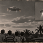 Illustration of a man with binoculars and four boys watching a silver disc with four jets hover above palm trees in Fort Myers, Florida, December 6, 1950