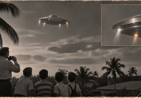 Illustration of a man with binoculars and four boys watching a silver disc with four jets hover above palm trees in Fort Myers, Florida, December 6, 1950