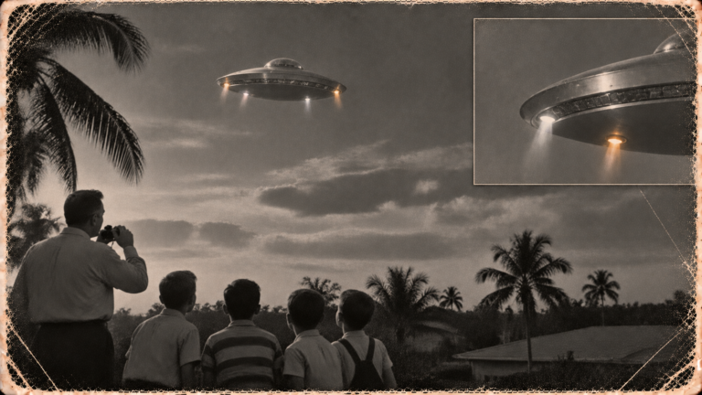 Illustration of a man with binoculars and four boys watching a silver disc with four jets hover above palm trees in Fort Myers, Florida, December 6, 1950