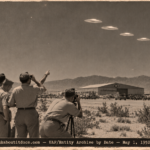 Airmen on the George AFB desert range watching five flat white discs bank in formation in 1952.