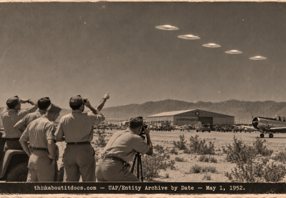 Airmen on the George AFB desert range watching five flat white discs bank in formation in 1952.