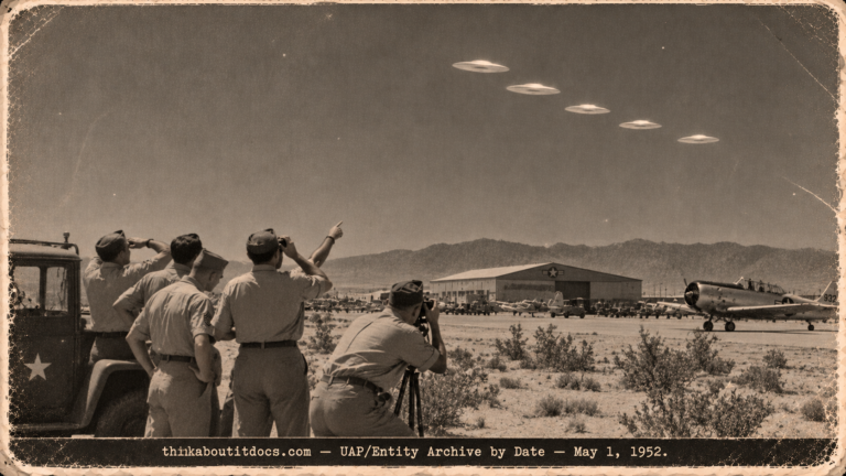Airmen on the George AFB desert range watching five flat white discs bank in formation in 1952.