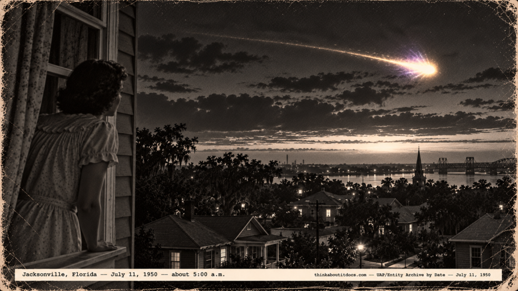 1950-style photo of a woman at a window watching a golden violet-flashing light over Jacksonville rooftops at dawn