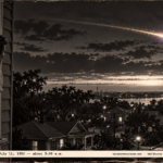 1950-style photo of a woman at a window watching a golden violet-flashing light over Jacksonville rooftops at dawn
