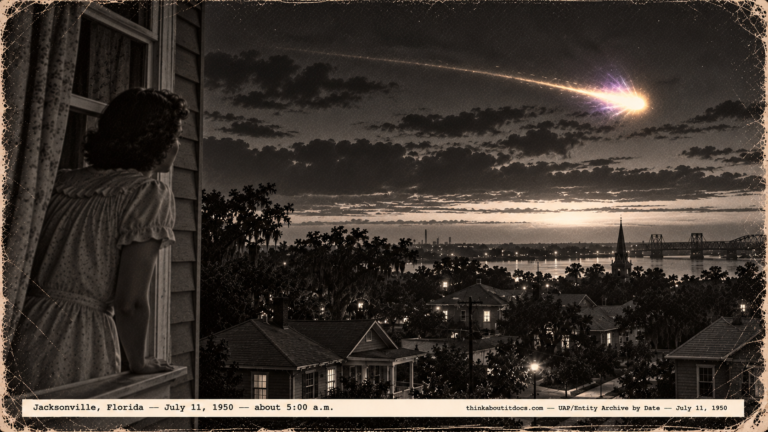 1950-style photo of a woman at a window watching a golden violet-flashing light over Jacksonville rooftops at dawn