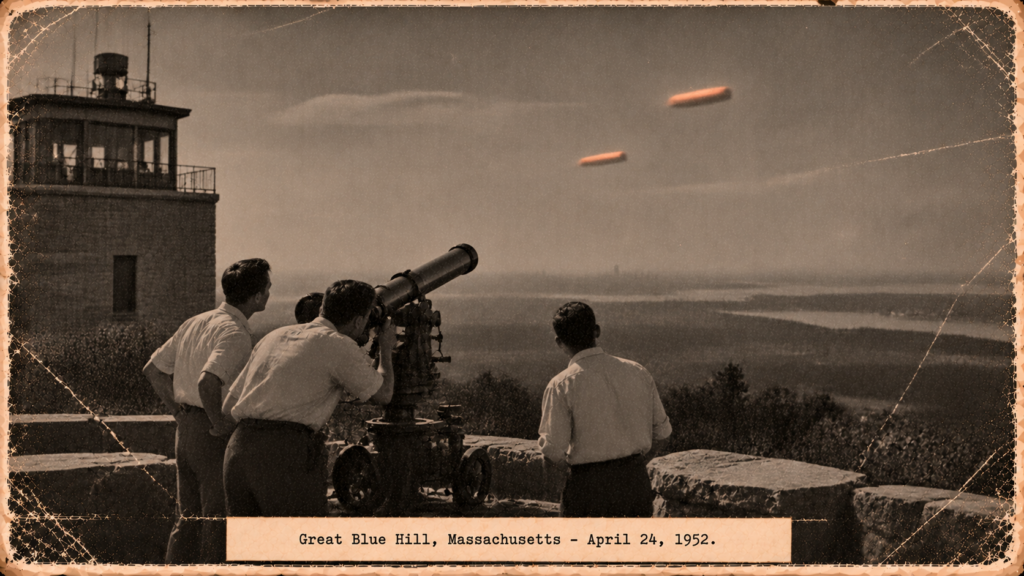 Illustration of three men at a battery commander’s telescope on Great Blue Hill watching two flat orange objects wobble upward, April 24, 1952