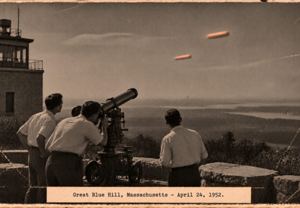 Illustration of three men at a battery commander’s telescope on Great Blue Hill watching two flat orange objects wobble upward, April 24, 1952