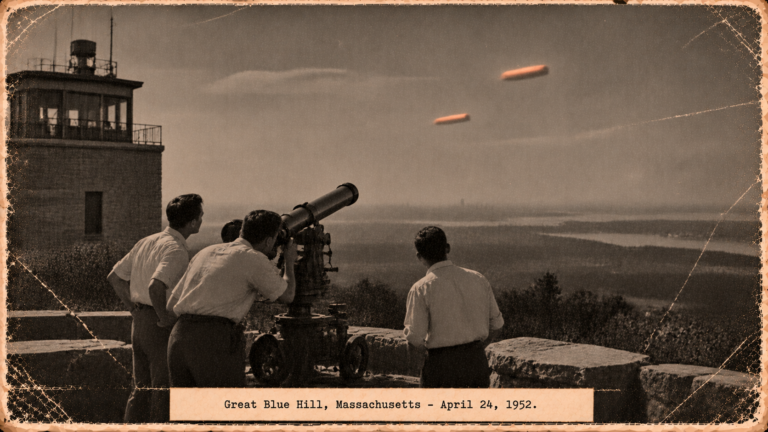 Illustration of three men at a battery commander’s telescope on Great Blue Hill watching two flat orange objects wobble upward, April 24, 1952
