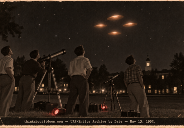 Four amateur astronomers at Furman University watching four glowing ovals in a diamond formation overhead at night in 1952.