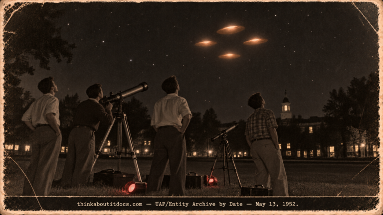 Four amateur astronomers at Furman University watching four glowing ovals in a diamond formation overhead at night in 1952.