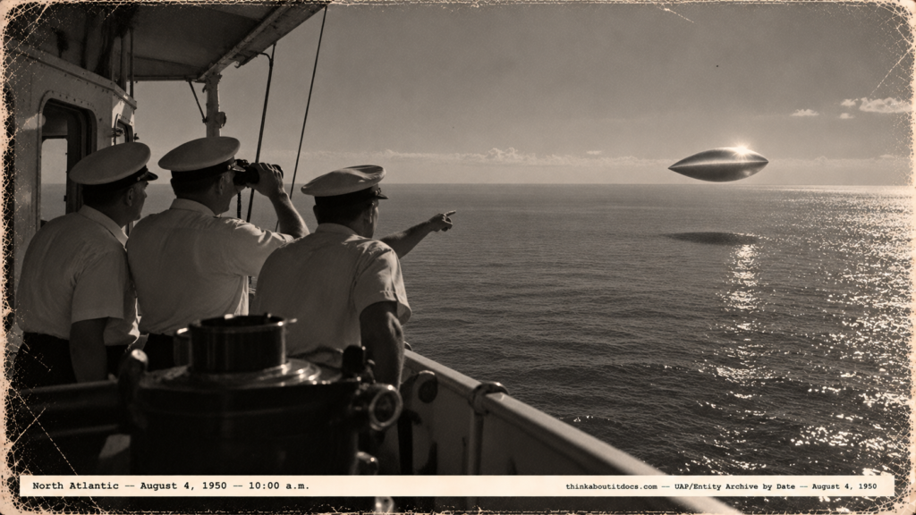 1950-style photo of three ship officers watching a shiny elliptical object and its shadow over the Atlantic