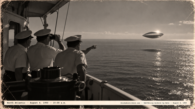 1950-style photo of three ship officers watching a shiny elliptical object and its shadow over the Atlantic