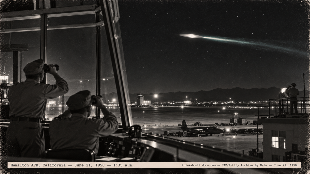 1950-style photo of airmen in a control tower watching a disc with a blue flame over Hamilton Field, California