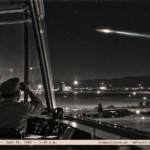 1950-style photo of airmen in a control tower watching a disc with a blue flame over Hamilton Field, California