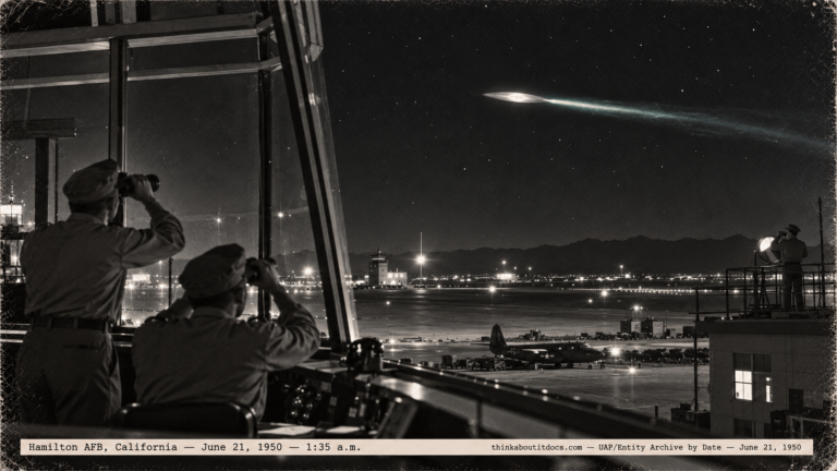 1950-style photo of airmen in a control tower watching a disc with a blue flame over Hamilton Field, California