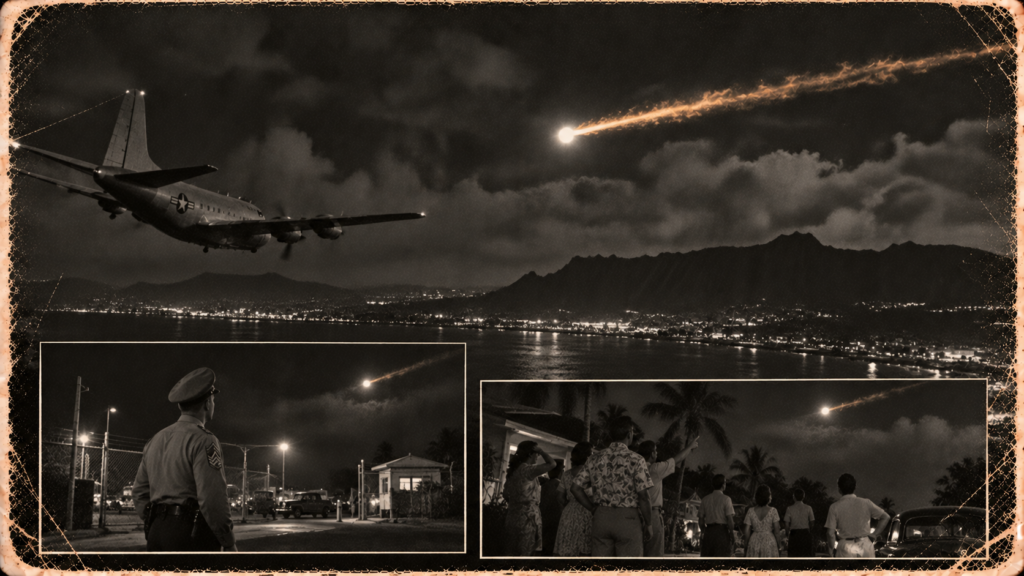 Illustration of an orange-tailed white light crossing the night sky over Honolulu and the Koolau mountains while a transport plane banks away, December 24, 1950