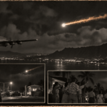 Illustration of an orange-tailed white light crossing the night sky over Honolulu and the Koolau mountains while a transport plane banks away, December 24, 1950