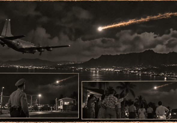 Illustration of an orange-tailed white light crossing the night sky over Honolulu and the Koolau mountains while a transport plane banks away, December 24, 1950