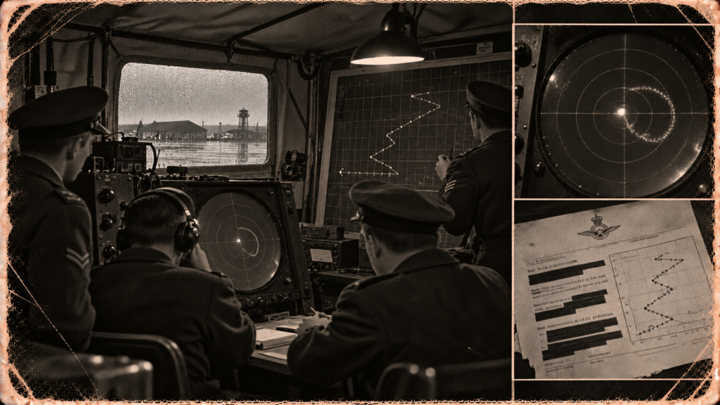 Illustration of four radar operators around a scope and plotting board with a zigzag track in a radar van at Heston Airdrome, England, November 10, 1950