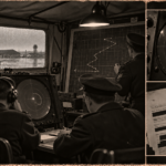 Illustration of four radar operators around a scope and plotting board with a zigzag track in a radar van at Heston Airdrome, England, November 10, 1950