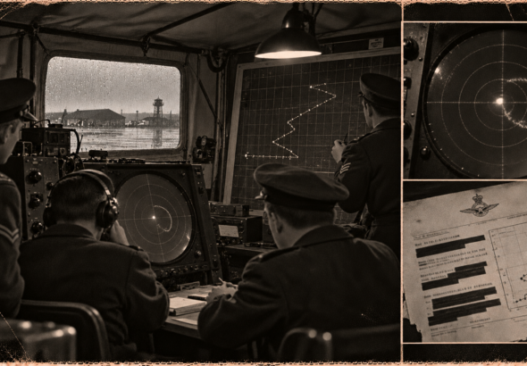 Illustration of four radar operators around a scope and plotting board with a zigzag track in a radar van at Heston Airdrome, England, November 10, 1950
