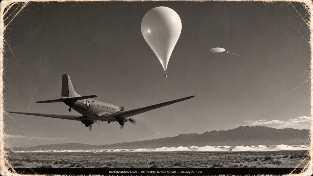 A C-47 flying beneath a pear-shaped research balloon with a small round milky disc beside it over the New Mexico desert, January 1951.