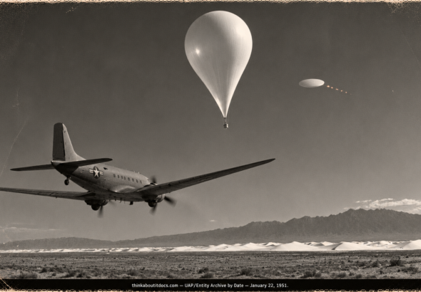 A C-47 flying beneath a pear-shaped research balloon with a small round milky disc beside it over the New Mexico desert, January 1951.