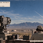 Illustration of a Land-Air tracking crew with an Askania cinetheodolite filming four tiny objects over the Tularosa Mountains near Holloman AFB on April 27, 1950