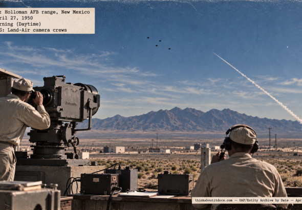 Illustration of a Land-Air tracking crew with an Askania cinetheodolite filming four tiny objects over the Tularosa Mountains near Holloman AFB on April 27, 1950