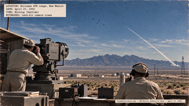 Illustration of a Land-Air tracking crew with an Askania cinetheodolite filming four tiny objects over the Tularosa Mountains near Holloman AFB on April 27, 1950