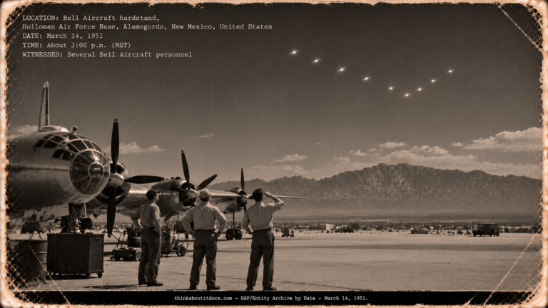 Bell Aircraft technicians at a Holloman hardstand watching a swarm of white bodies form a V over the desert, March 1951.