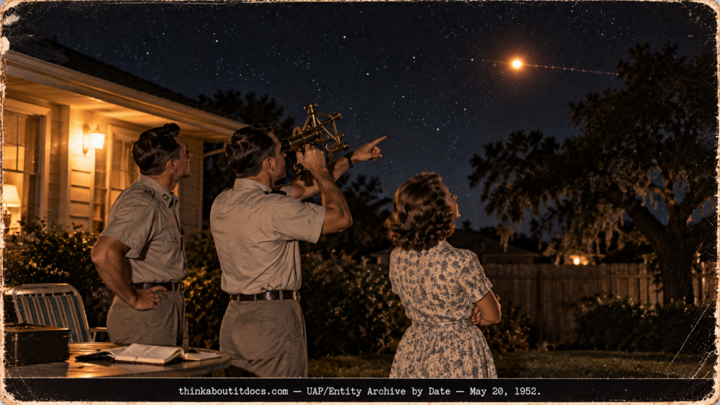 Two Air Force pilots with a sextant and a woman watching an orange-white light dart across a night sky in Houston in 1952.