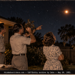 Two Air Force pilots with a sextant and a woman watching an orange-white light dart across a night sky in Houston in 1952.