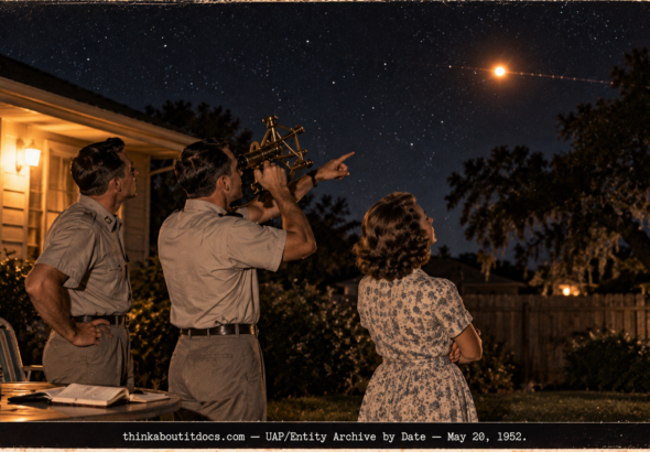 Two Air Force pilots with a sextant and a woman watching an orange-white light dart across a night sky in Houston in 1952.