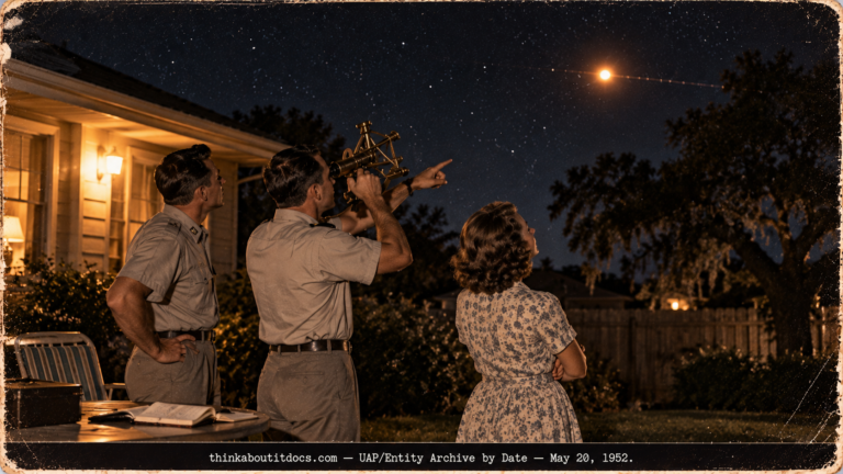 Two Air Force pilots with a sextant and a woman watching an orange-white light dart across a night sky in Houston in 1952.
