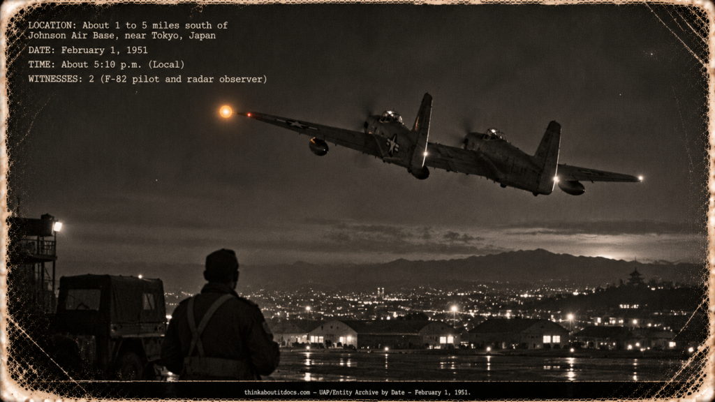 An amber light off the left wing tip of an F-82 night fighter over Japan, February 1951.