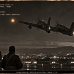An amber light off the left wing tip of an F-82 night fighter over Japan, February 1951.