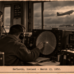 Illustration of a GCA radar operator marking a blip while a C-47 climbs into cloud over Keflavik, Iceland, March 13, 1952