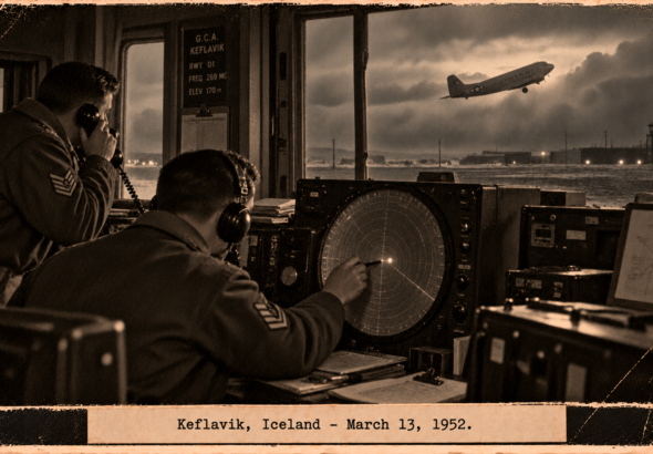 Illustration of a GCA radar operator marking a blip while a C-47 climbs into cloud over Keflavik, Iceland, March 13, 1952