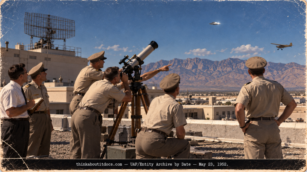 Officers at a transit telescope on the Kirtland AFB radar site roof watching a silver object in the western sky in 1952.
