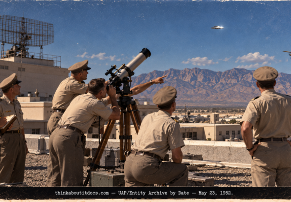 Officers at a transit telescope on the Kirtland AFB radar site roof watching a silver object in the western sky in 1952.