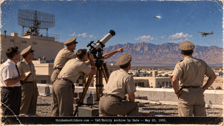 Officers at a transit telescope on the Kirtland AFB radar site roof watching a silver object in the western sky in 1952.
