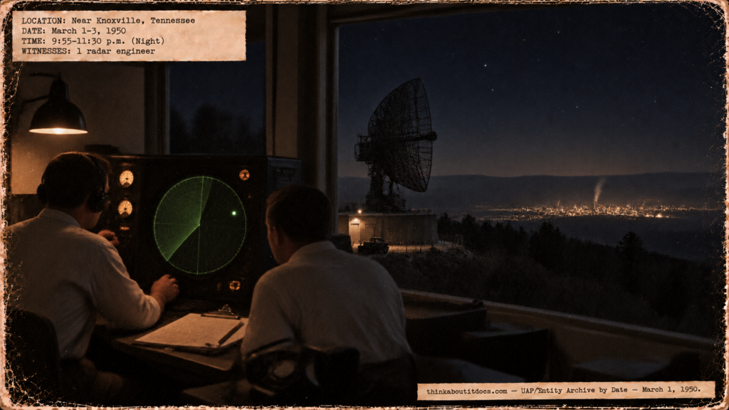 Illustration of radar engineers watching a steady blip on a scope near Knoxville, Tennessee, with the Oak Ridge glow on the horizon in March 1950