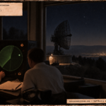 Illustration of radar engineers watching a steady blip on a scope near Knoxville, Tennessee, with the Oak Ridge glow on the horizon in March 1950