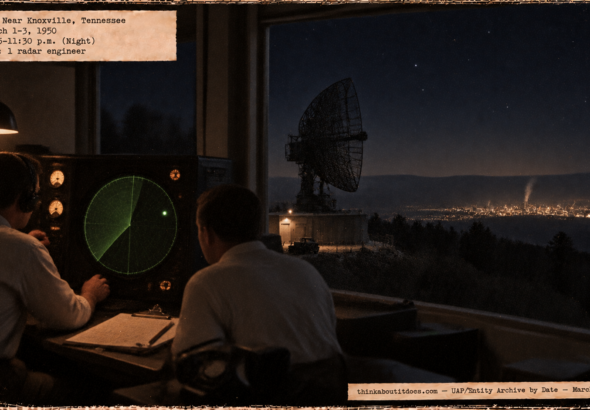 Illustration of radar engineers watching a steady blip on a scope near Knoxville, Tennessee, with the Oak Ridge glow on the horizon in March 1950